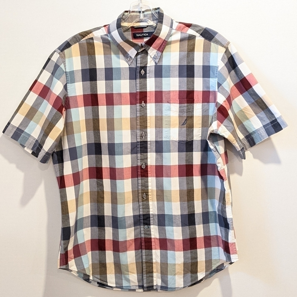 Nautica Plaid Button Down Shirt Large Short Sleeves